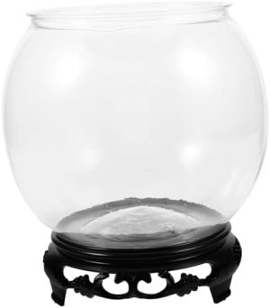 Aquarien und Fischschalen | 1 Set Transparente Runde Fischtank Plastik Fischschüssel Terrarium Vase Glas Terrarium Globus Glas Blasen Schüssel Ornament Schreibtisch Fischschüssel Büro Mit Basis Blumentopf Holz