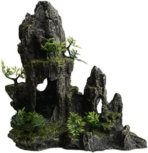 Aquarium Dekoration | Große und hohe Aquarien-Mountain-View-Stein-Dekorationen aus Harz, Betta-Felsen für Aquascaping, Versteckhöhlen-Ornamente, Fischtank-Zubehör-Dekorationen mit kleinen Pflanzen.