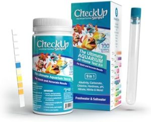 Aquarium-Testkits | Checkup Aquarium Teststreifen | Testkit für Süßwasser, Salzwasser, Teich, Fischbecken | 9 Parameter-Test für Eisen, Kupfer, Nitrit, Nitrat, Chlor, Härte, pH, Alkalität und Karbonat | 100 Streifen