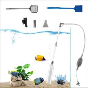 Aquariumreiniger | Aquarium Kiesreiniger Set mit Fischnetz und doppelseitigem Schwamm-Bürste, Fischtank Wasserwechselgerät für Wasserwechsel und Filter-Kiesreinigung, Aquarium Kiesstaubsauger.