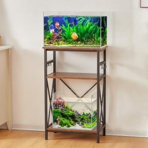 Aquariumständer | 10-Gallonen-Aquariumständer mit Regal, doppelter Aquariumständer für 10 & 5 Gallonen Aquarien, 3-stufiger schwerer Metallständer mit stabiler Struktur, verstellbaren Tischfüßen und Kipp-Schutzvorrichtung – Rustikales Braun