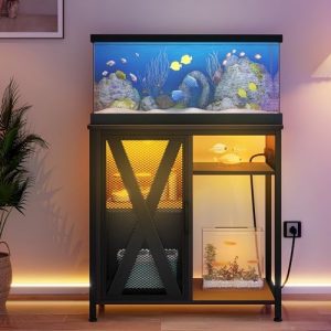 Aquariumständer | 20-29 Gallonen Aquariumständer mit Steckdosen & LED-Licht, Schrank für die Aufbewahrung von Aquarienzubehör – Metall-Aquariumständer geeignet für Schildkrötenbecken, Reptilien-Terrarium, 350 lbs Tragfähigkeit, schwarz