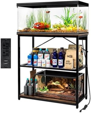 Aquariumständer | Fischtankständer 10-30 Gallonen, Aquariumständer mit Ladestation, 1000 lb Tragfähigkeit, 31″ L x 16″ B Metall Reptilien-Tankständer, doppelte Aufbewahrungsdesign verstellbare Regale, braun (Tank nicht enthalten)