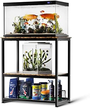 Aquariumständer | Fischtankständer, Aquariumständer, Vintage Eisenholz-Aquariumständer, Dreitier-Fischtankständer mit Aufbewahrungskorb, Fischtankständer für 10/20 Gallonen mit einer Tragfähigkeit von 800 lbs, 29,53″ L x 15,75″ B x 30,71″ H (Schwarz)