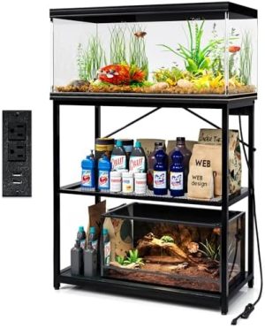 Aquariumständer | Fischtankständer für 10-30 Gallonen, 1000 lb Tragfähigkeit Aquariumständer mit Ladestation, 31″ L x 16″ B Metall Reptilien-Tankständer, doppeltes Stauraumdesign mit verstellbaren Regalen, Schwarz (Tank nicht enthalten)