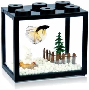 Aquarien und Fischschalen | Kleiner Betta-Fischtank, stapelbares Mini-Aquarium-Kit mit Aquarienkies und mikro Landschaft, 0,6 Gallon Acrylwürfel-Fischschüssel für Seemonster, Garnelen und Schnecken (Schwarz)