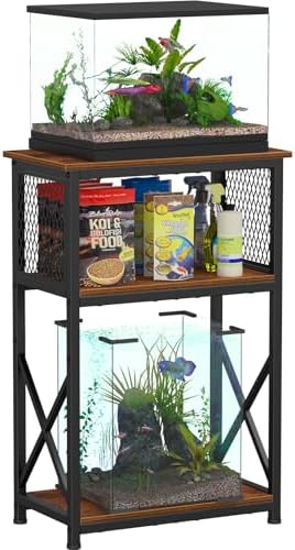 Aquariumständer | Fischtankständer, 10-Gallonen-Aquariumständer mit Stauraum, 3-stufiger schwerer Metall-Fischtankständer, Fischtankregal 20,47“L × 11,42“B × 30,91“H, rustikales Braun